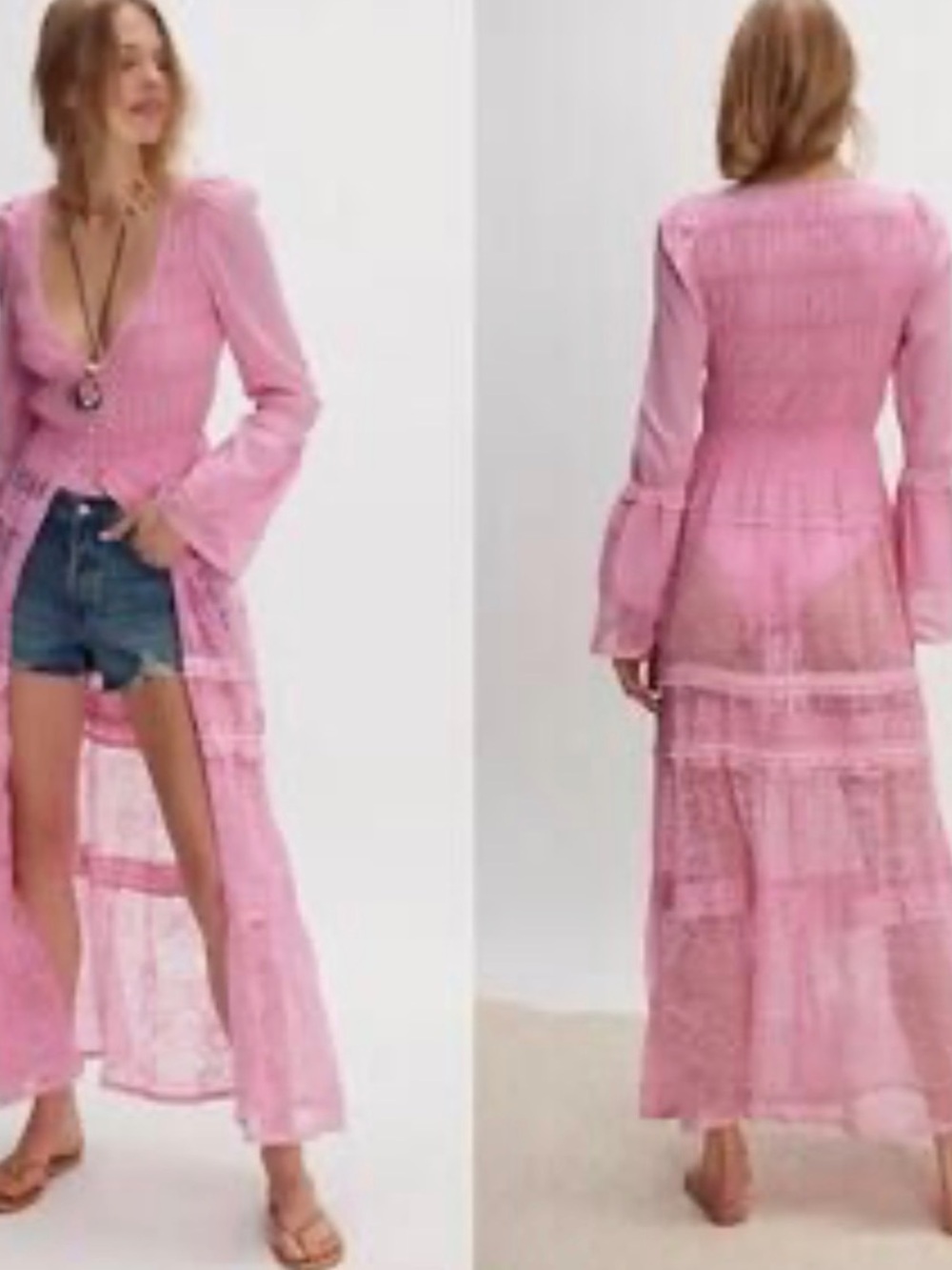 Free People Pink Sheer Lace Maxi Dress with Bell Sleeves